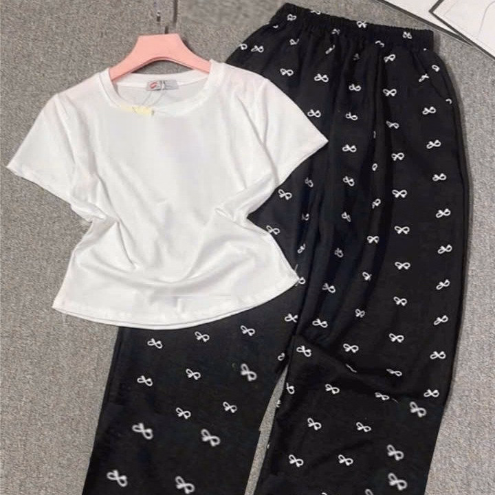 Sét Quần Hoạ Tiết Nơ + Kèm Áo Thun Tăm Croptop Trơn