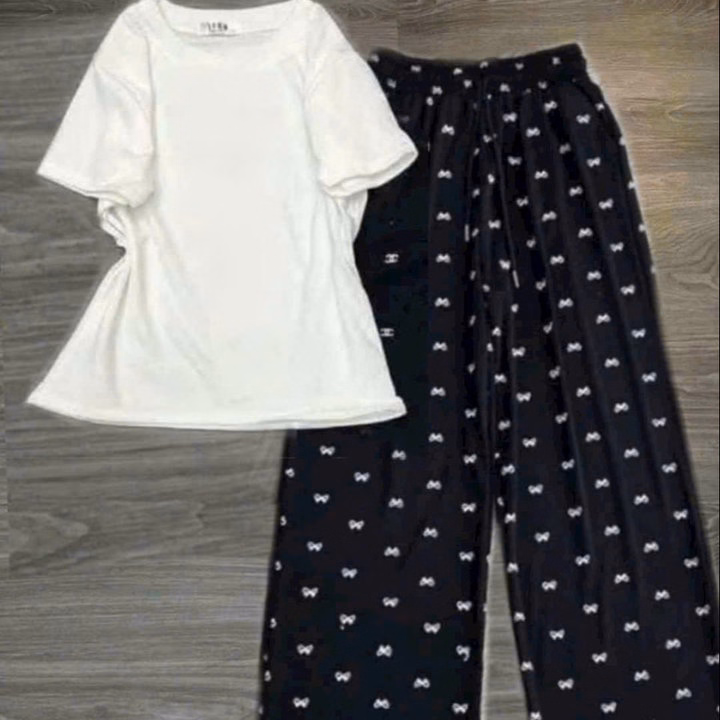 Sét Quần Hoạ Tiết Nơ + Kèm Áo Thun Tăm Croptop Trơn - Ảnh 3