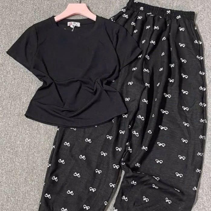 Sét Quần Hoạ Tiết Nơ + Kèm Áo Thun Tăm Croptop Trơn - Ảnh 2