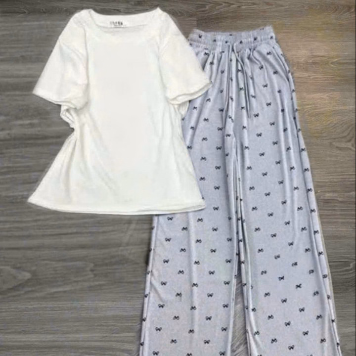 Sét Quần Hoạ Tiết Nơ + Kèm Áo Thun Tăm Croptop Trơn - Ảnh 4