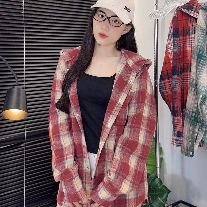 Áo Khoác Nỉ Sơ Mi Nam Nữ Caro Có Nón Chống Nắng Hot Trend - Htm Fashion - Ảnh 3