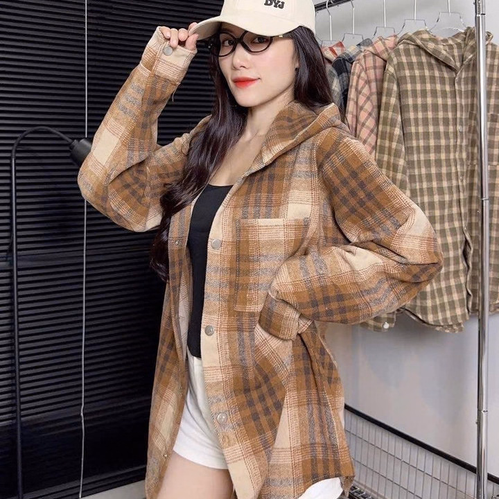 Áo Khoác Nỉ Sơ Mi Nam Nữ Caro Có Nón Chống Nắng Hot Trend - Htm Fashion - Ảnh 2