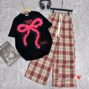 Sét Quần Kẻ Caro Ống Rộng + Kèm Áo Phông Nơ Rúm