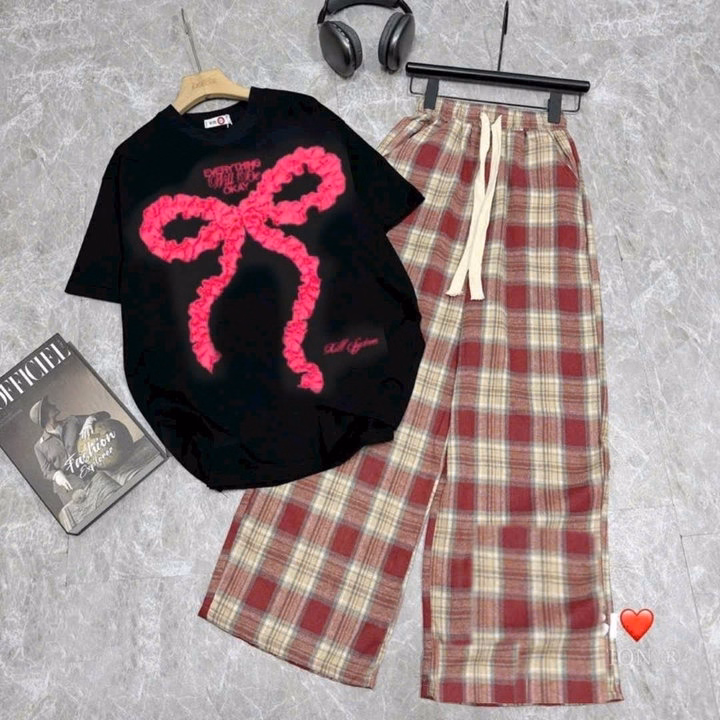 Sét Quần Kẻ Caro Ống Rộng + Kèm Áo Phông Nơ Rúm