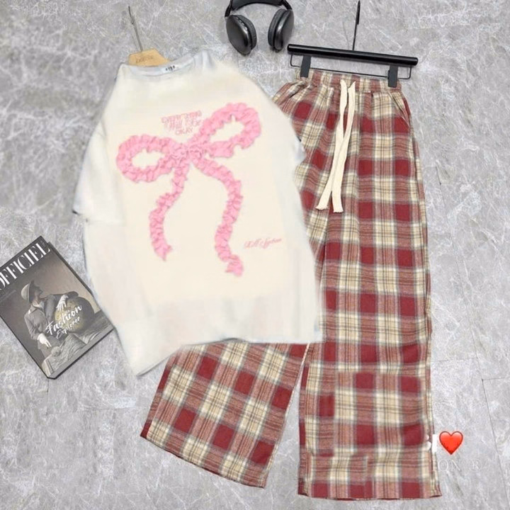 Sét Quần Kẻ Caro Ống Rộng + Kèm Áo Phông Nơ Rúm - Ảnh 2