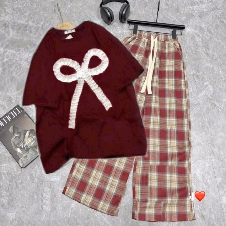 Sét Quần Kẻ Caro Ống Rộng + Kèm Áo Phông Nơ Rúm - Ảnh 3