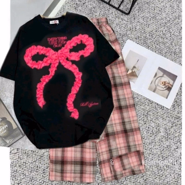 Sét Quần Kẻ Caro Ống Rộng + Kèm Áo Phông Nơ Rúm - Ảnh 6