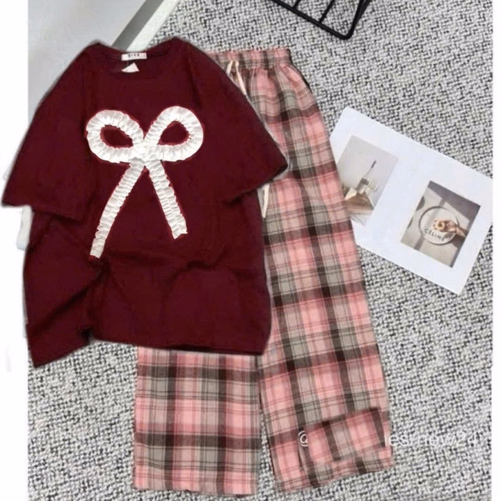 Sét Quần Kẻ Caro Ống Rộng + Kèm Áo Phông Nơ Rúm - Ảnh 4