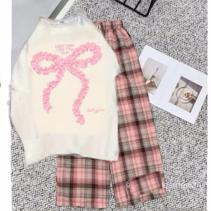 Sét Quần Kẻ Caro Ống Rộng + Kèm Áo Phông Nơ Rúm - Ảnh 5