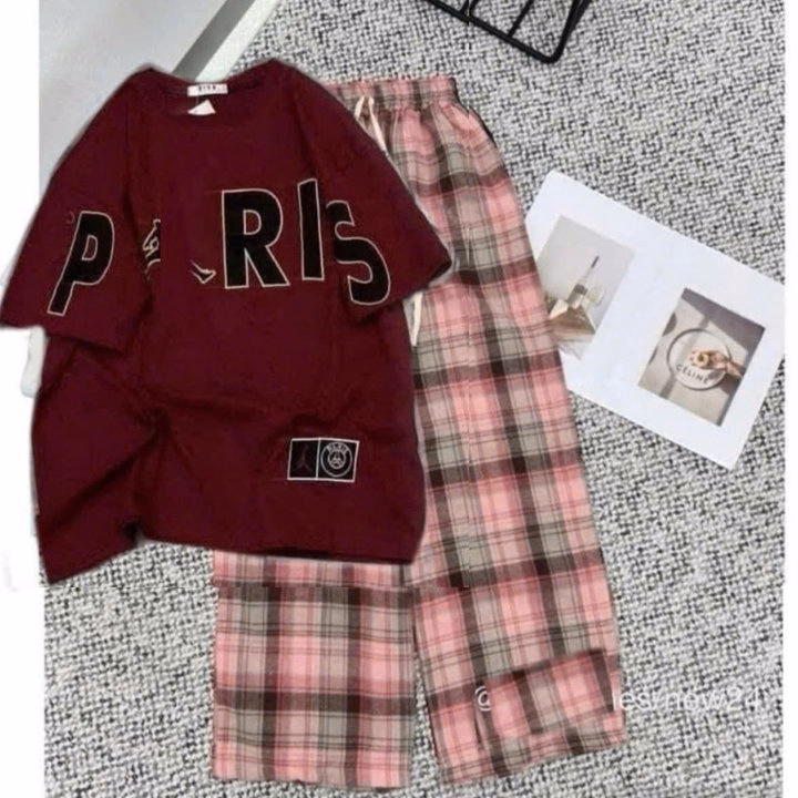 Set Bộ Quần Kẻ Car0 + Kèm Áo Phông Pari Đỏ - Ảnh 2