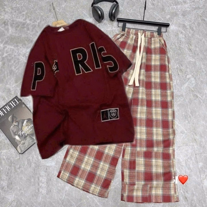 Set Bộ Quần Kẻ Car0 + Kèm Áo Phông Pari Đỏ