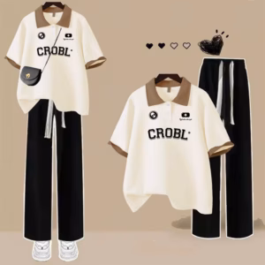 Set Bộ Quần Ống Rộng Dây To Đen + Kèm Áo Phông Polo Có Cổ Bẻ