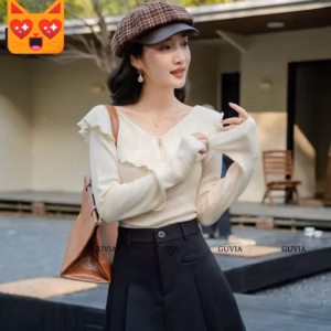 Áo Thun Tay Dài Cổ V Phối Bèo Cuốn Biên Ôm Body Gu47Fr- Nana House