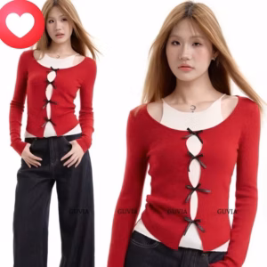 Áo Cardigan Tay Dài Phối Yếm Cổ Đính Nơ Áo Lót Yếm Trong Ôm Body Gu46De-Nana House