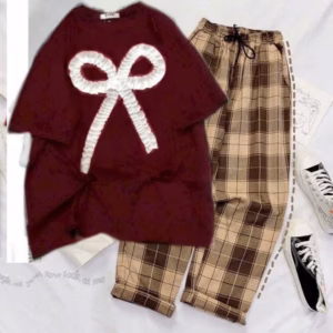 Set Quần Caro Nâu + Mix Áo Nơ Rúm Đỏ