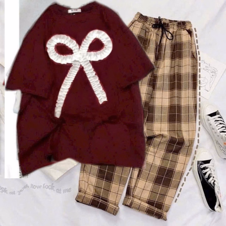 Set Quần Caro Nâu + Mix Áo Nơ Rúm Đỏ