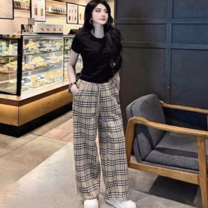 Set Quần Caro Vàng Bbr + Mix Áo Thun Tăm Croptop Trơn Dáng Ngắn