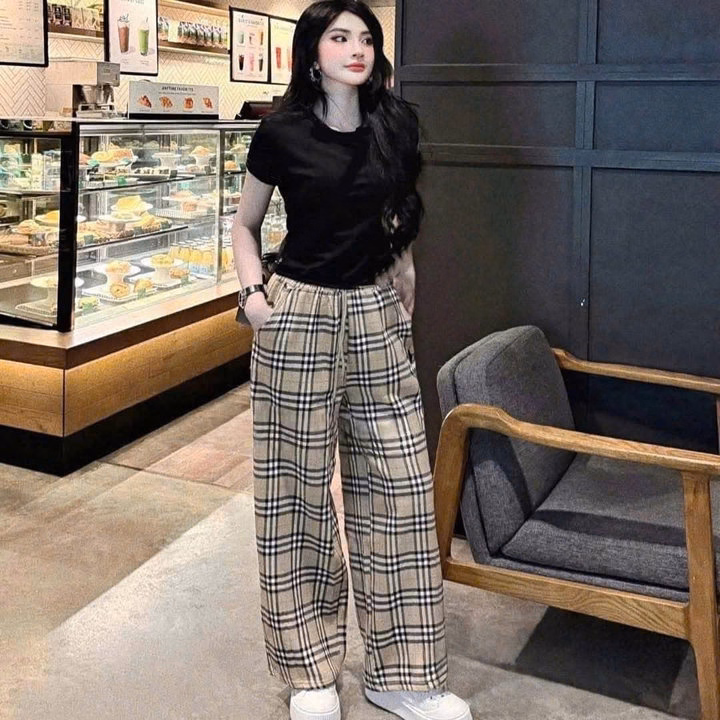 Set Quần Caro Vàng Bbr + Mix Áo Thun Tăm Croptop Trơn Dáng Ngắn