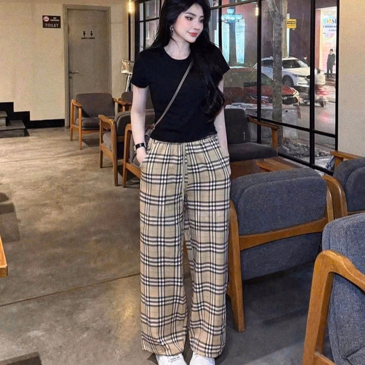 Set Quần Caro Vàng Bbr + Mix Áo Thun Tăm Croptop Trơn Dáng Ngắn - Ảnh 3