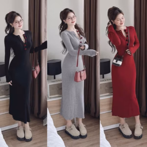 Đầm Thun Tăm Lạnh Dáng Dài Nút Bọc Bt80Fd - Sam Store