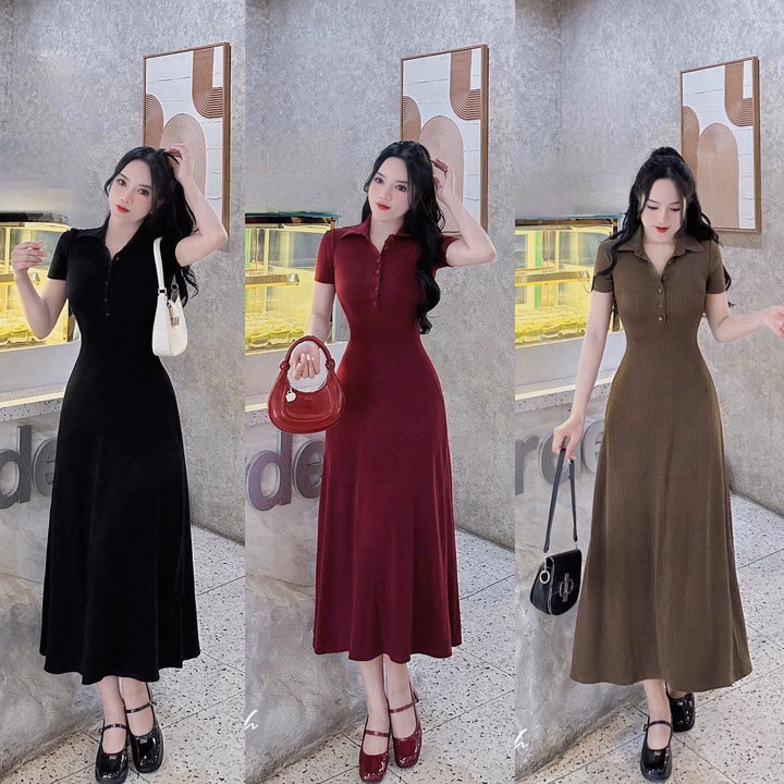 Đầm Thun Tăm Dáng Dài Tay Ngắn Cổ Sơ Mi Bt78Gh-Nana House - Ảnh 6