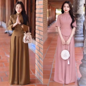 Set Bộ Lam Tuyết Nhung Quần Xòe Ống Rộng Nút Bọc M105H115-Sam Store