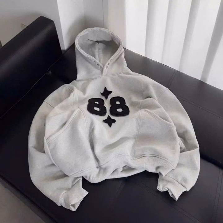 Áo Hoodie Nỉ Form Boxy Thêu Số 88 Phối Cúc Bấm Cổ Unisex Nam Nữ Hot Tp36 - Golden Dream - Ảnh 3