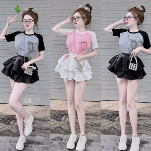 Set Áo Babytee Kèm Chân Váy Tầng Đính Nơ - Lê Phương Boutique