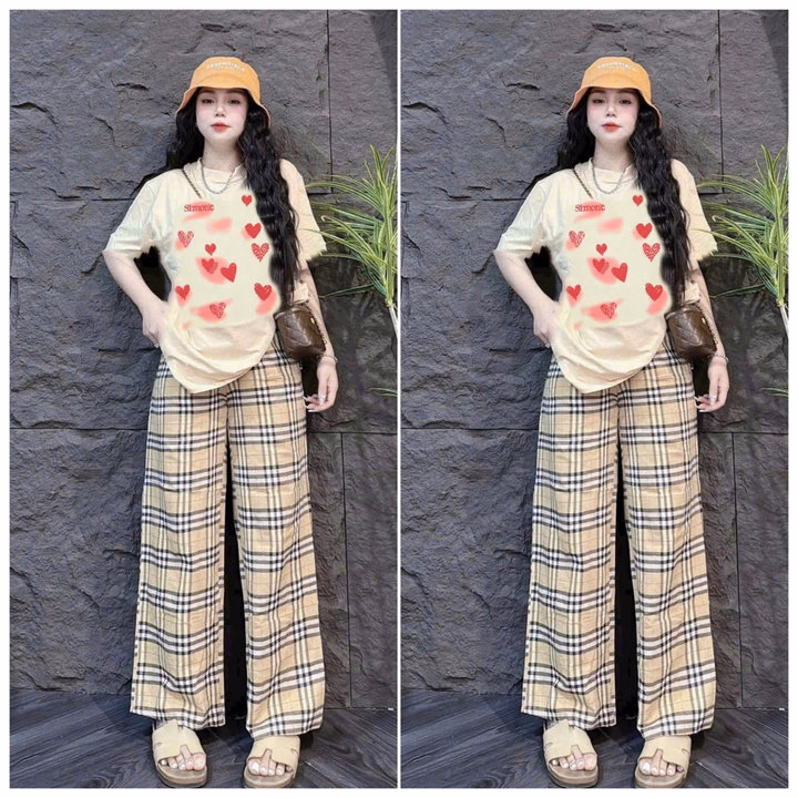 Sét Bộ Đồ Nữ Quần Ống Suông Kẻ Caro Màu Vàg + Mix Áo Phông Unisex Form Thụng - Ảnh 4