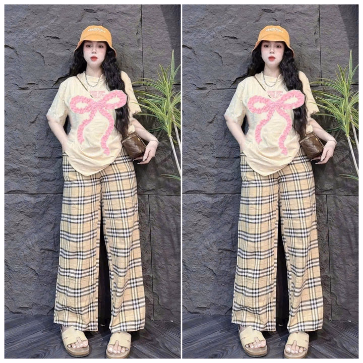 Sét Bộ Đồ Nữ Quần Ống Suông Kẻ Caro Màu Vàg + Mix Áo Phông Unisex Form Thụng - Ảnh 3