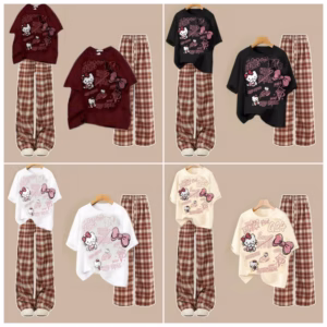 Tổng Hợp Các Sét Bộ Quần Ống Rộng Kẻ Caro Đỏ + Mix Áo Phông Mèo Cute Unisex Form Thụng