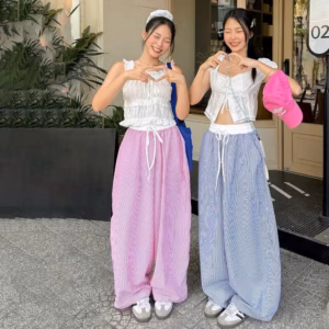 Quần Ống Rộng Kẻ Sọc Dây Rút Phối Cạp Trắng Ug77Mn-Nana House