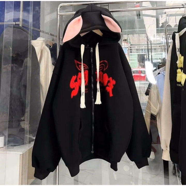 Áo Khoác Nỉ Nam Nữ Có Nón Thiết Kế Tai Thỏ Dễ Thương - Htm Fashion - Ảnh 2