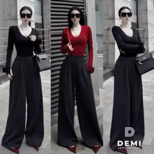 Set Áo Thun Tăm Đính Hoa Phối Quần Suông Kaki Sọc Lưng Thun Bt97Re-Sam Store