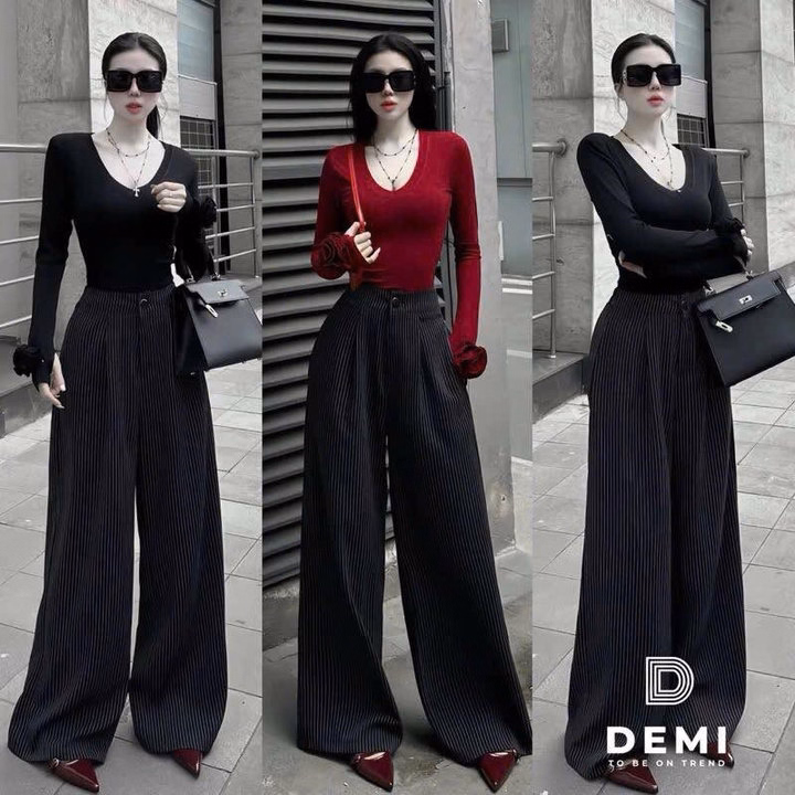 Set Áo Thun Tăm Đính Hoa Phối Quần Suông Kaki Sọc Lưng Thun Bt97Re-Sam Store