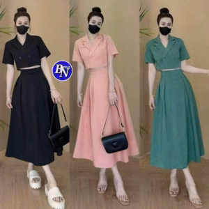 Set Áo Vest Nắp Túi Mix Chân Váy Khóa Kéo Lưng Thun Bt112Km-Nana House