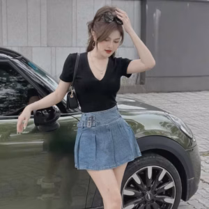 Set Váy Denim Xếp Ly Mix Áo Thăm Lạnh Cổ Tim Bt100Fs-Sam Store