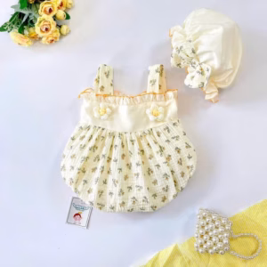 Set Body 2 Dây Họa Tiết Hoa Màu Kem Kèm Nón Cho Bé Gái Sơ Sinh Đến 2 Tuổi