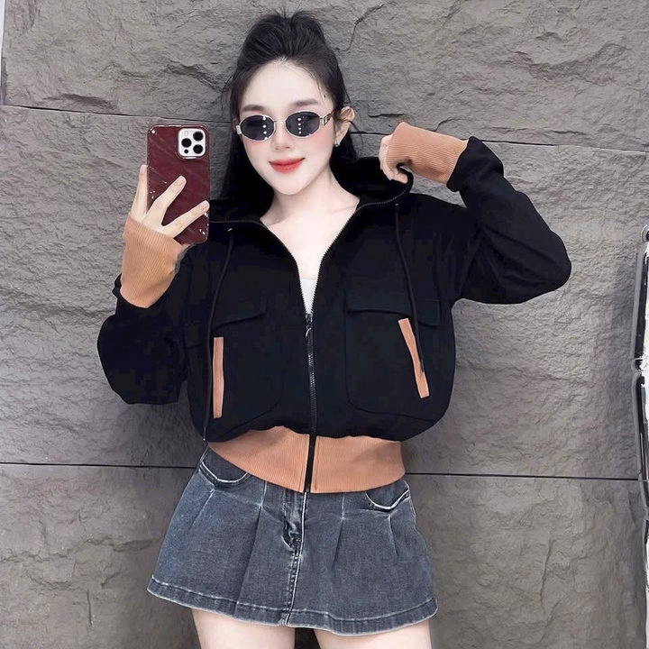 Áo Khoác Nữ Vải Thun Pc Mịn Phối Bo Khác Màu Có Túi Hộp Mũ Rộng Ut65 - Phương Store - Ảnh 3