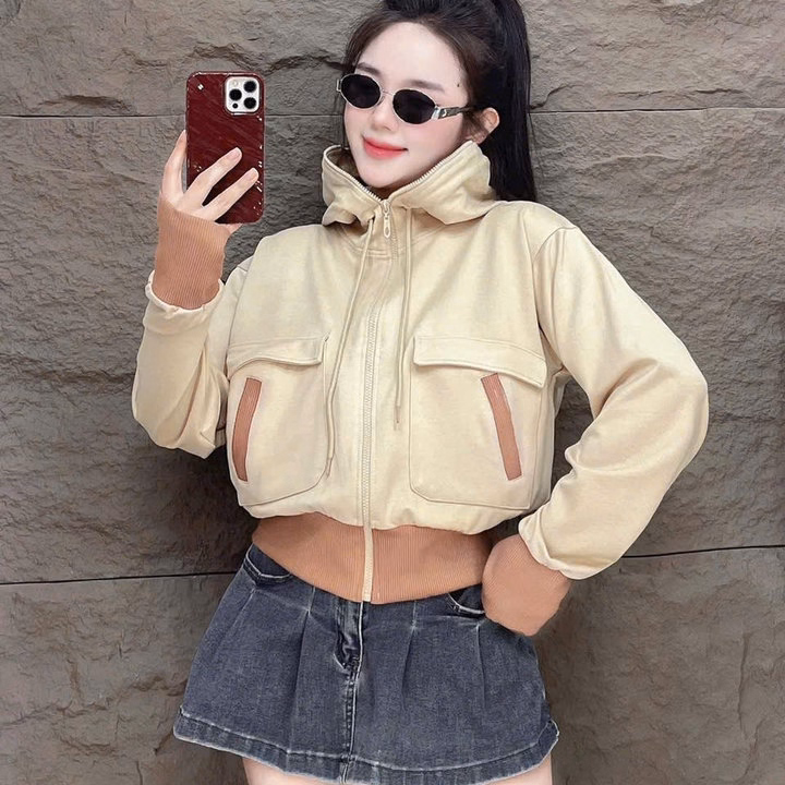 Áo Khoác Nữ Vải Thun Pc Mịn Phối Bo Khác Màu Có Túi Hộp Mũ Rộng Ut65 - Phương Store - Ảnh 2