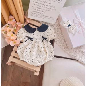 Set Đồ Liền Thân Body Chấm Bi Cổ Sen Đính Nơ Bodysuit Bé Gái Sơ Sinh 1 2 Tuổi