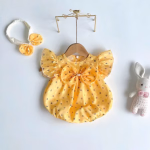 Set Body Chấm Bi Đính Nơ Màu Vàng Cho Bé Gái Sơ Sinh 1 2 Tuổi
