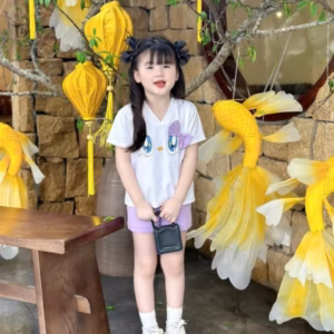 Đồ Bộ Áo Thun Có Nơ Quần Short Thoải Mái Mát Mẻ Cho Bé Gái Mùa Hè