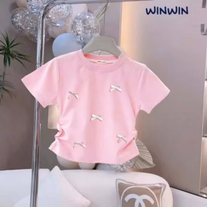 Áo Thun Croptop Kiểu Rút Eo Đính Nơ Nhí Hottrend Từ 8-45Kg Bé Gái