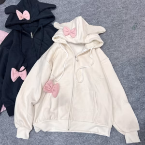 Áo Khoác Hoodie Nỉ Nữ Phối Khóa Kéo Thiết Kế Nơ Tai Thỏ - Htm Fashion