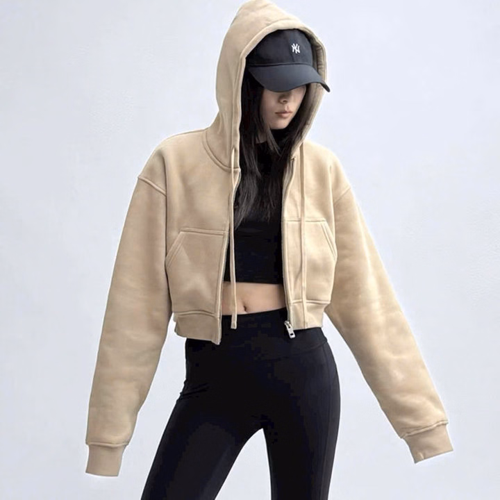 Áo Khoác Nỉ Croptop Nữ Thiết Kế Khóa Kéo Có Nón - Htm Fashion - Ảnh 3