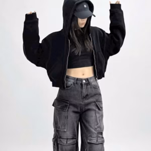 Áo Khoác Nỉ Croptop Nữ Thiết Kế Khóa Kéo Có Nón - Htm Fashion