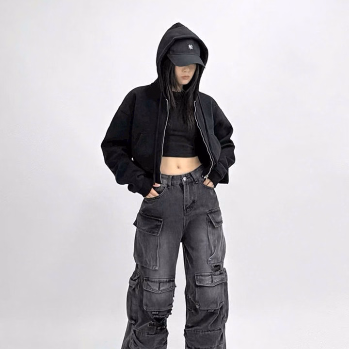 Áo Khoác Nỉ Croptop Nữ Thiết Kế Khóa Kéo Có Nón - Htm Fashion - Ảnh 4