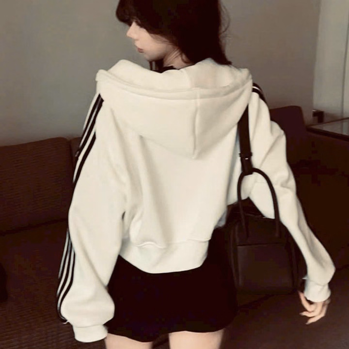 Áo Khoác Nỉ Croptop Nữ Thiết Kế Tay 3 Sọc Có Nón - Htm Fashion - Ảnh 6