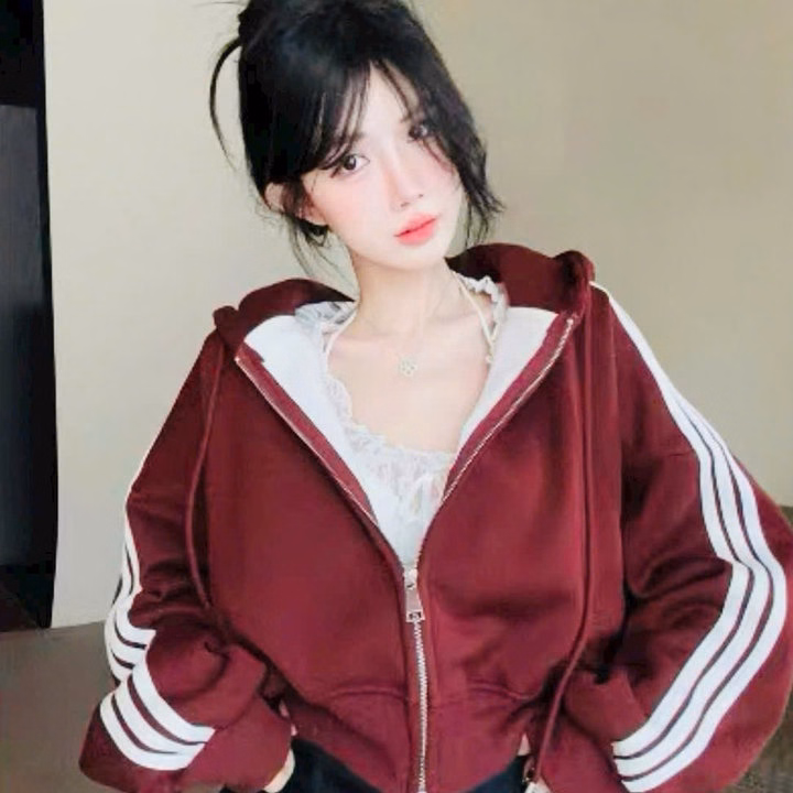 Áo Khoác Nỉ Croptop Nữ Thiết Kế Tay 3 Sọc Có Nón - Htm Fashion - Ảnh 8